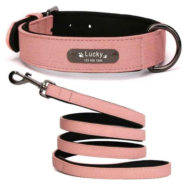 Leather Dog Collar with Personalised Name Tag ID and Lead