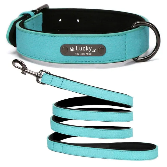 Leather Dog Collar with Personalised Name Tag ID and Lead