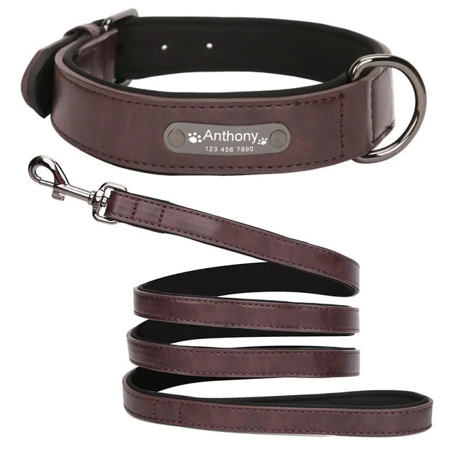 Leather Dog Collar with Personalised Name Tag ID and Lead