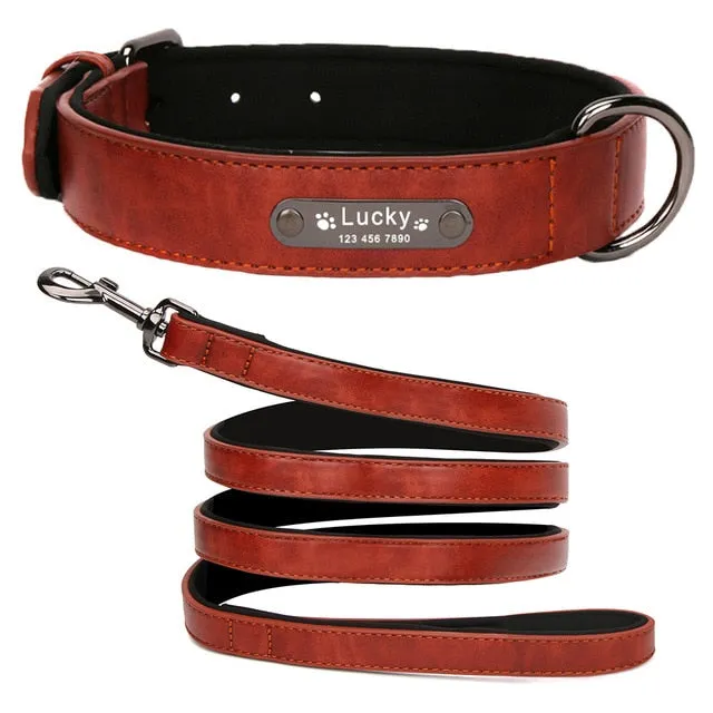 Leather Dog Collar with Personalised Name Tag ID and Lead
