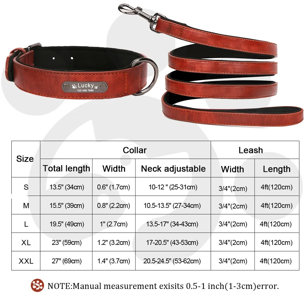 Leather Dog Collar with Personalised Name Tag ID and Lead