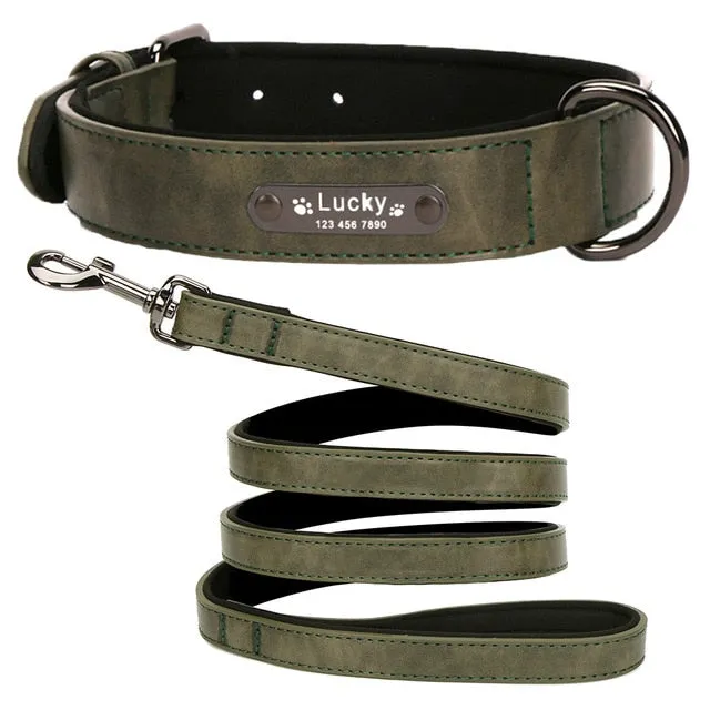 Leather Dog Collar with Personalised Name Tag ID and Lead