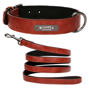 Leather Dog Collar with Personalised Name Tag ID and Lead