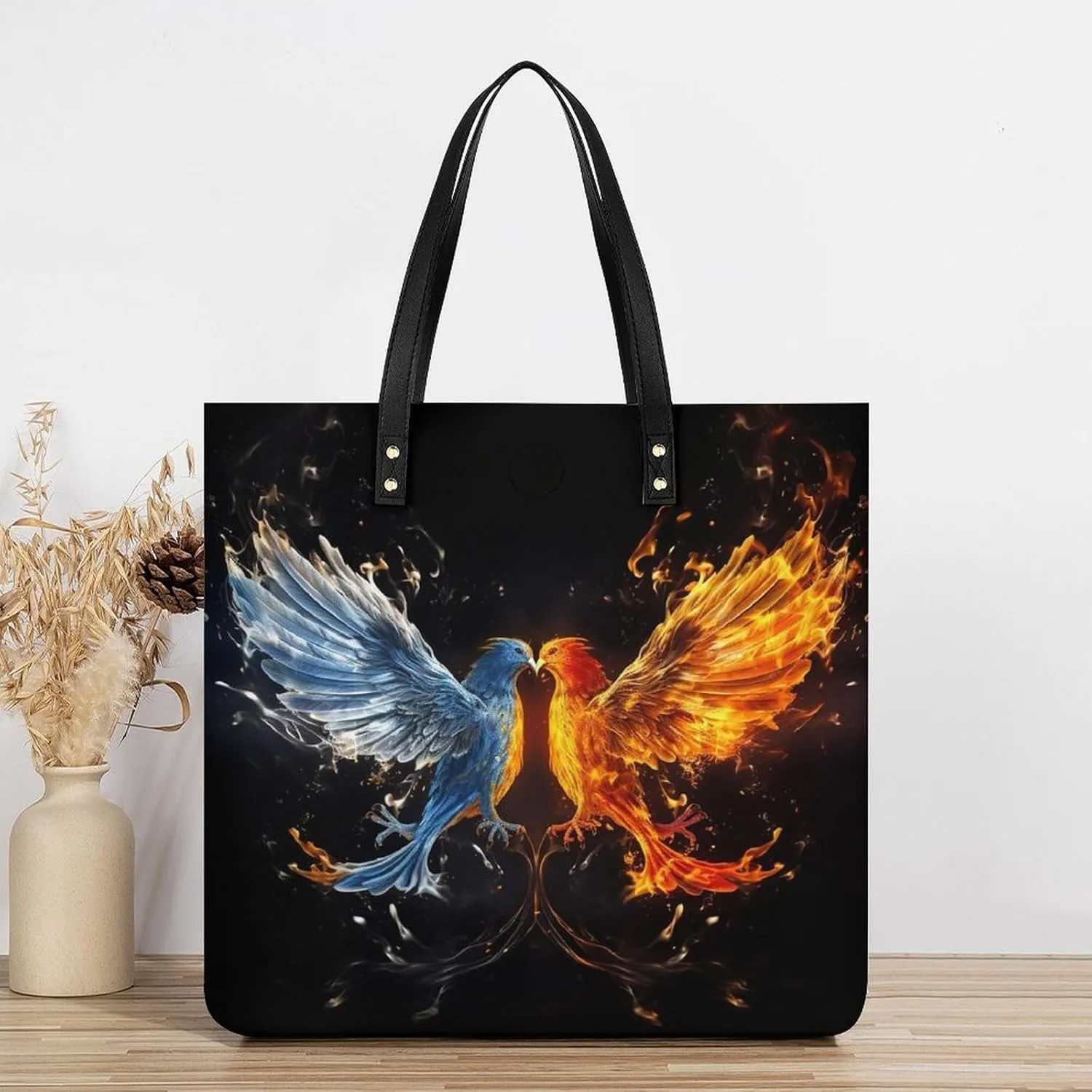 Leather Handbag for Women Tote Bag with Magnetic Buckle Bird Fire And Water Crossbody Bag Shoulder Bags