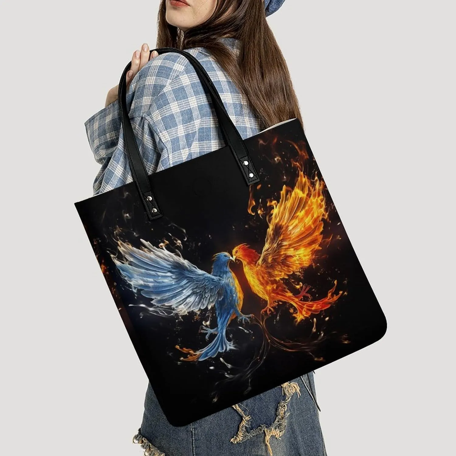 Leather Handbag for Women Tote Bag with Magnetic Buckle Bird Fire And Water Crossbody Bag Shoulder Bags