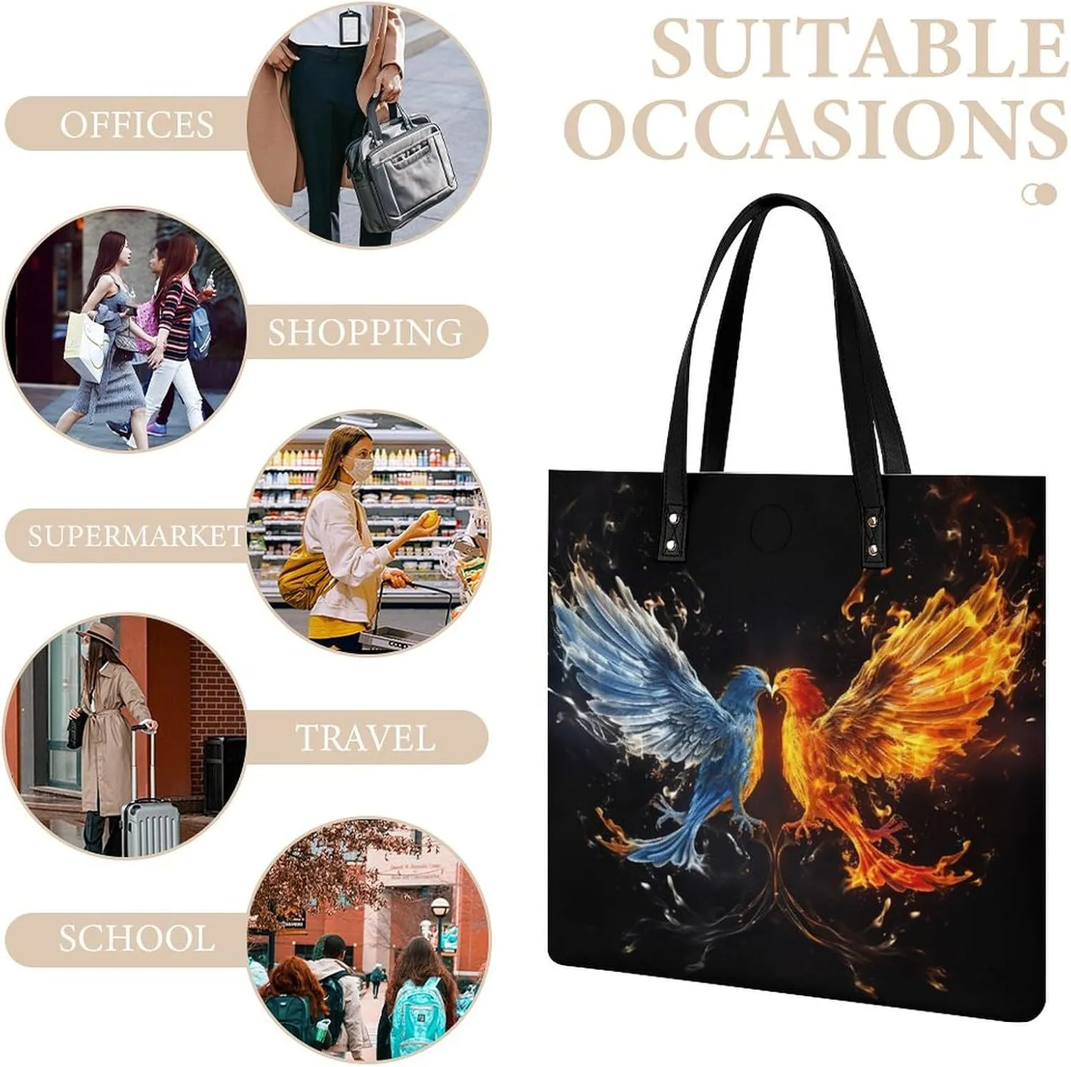 Leather Handbag for Women Tote Bag with Magnetic Buckle Bird Fire And Water Crossbody Bag Shoulder Bags