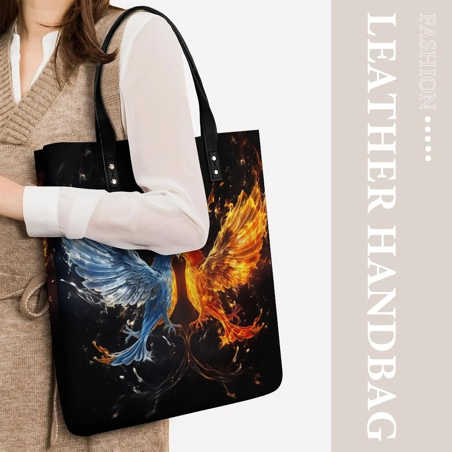 Leather Handbag for Women Tote Bag with Magnetic Buckle Bird Fire And Water Crossbody Bag Shoulder Bags