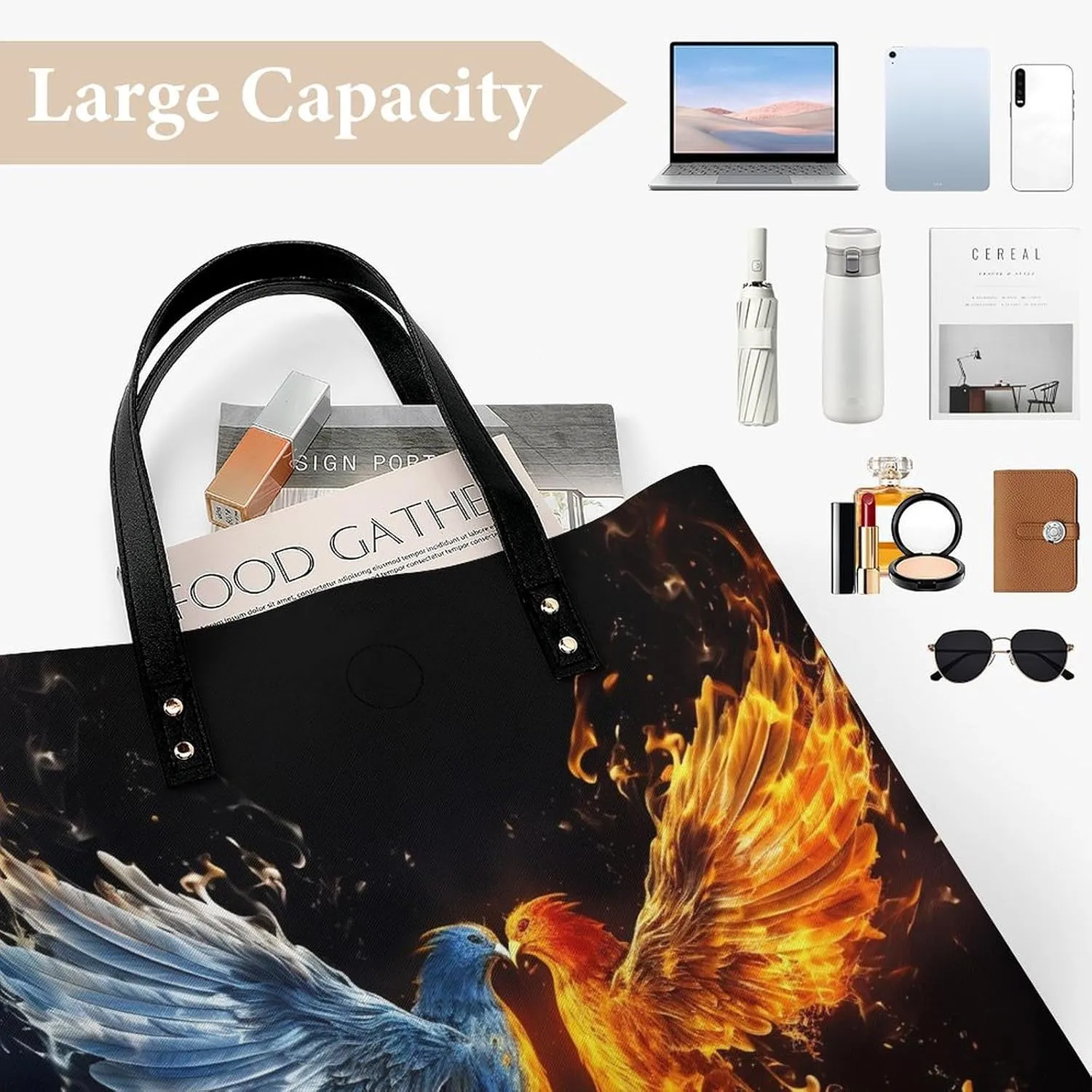 Leather Handbag for Women Tote Bag with Magnetic Buckle Bird Fire And Water Crossbody Bag Shoulder Bags