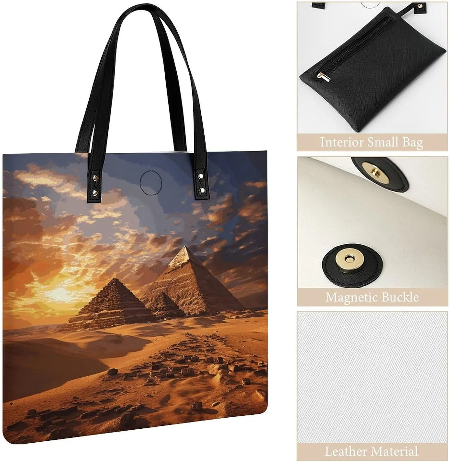 Leather Handbag for Women Tote Bag with Magnetic Buckle Egyptian Pyramids Crossbody Bag Shoulder Bags