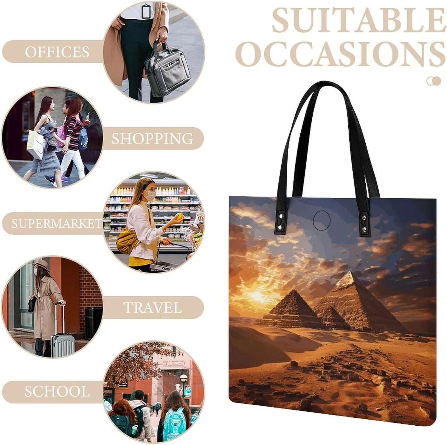 Leather Handbag for Women Tote Bag with Magnetic Buckle Egyptian Pyramids Crossbody Bag Shoulder Bags