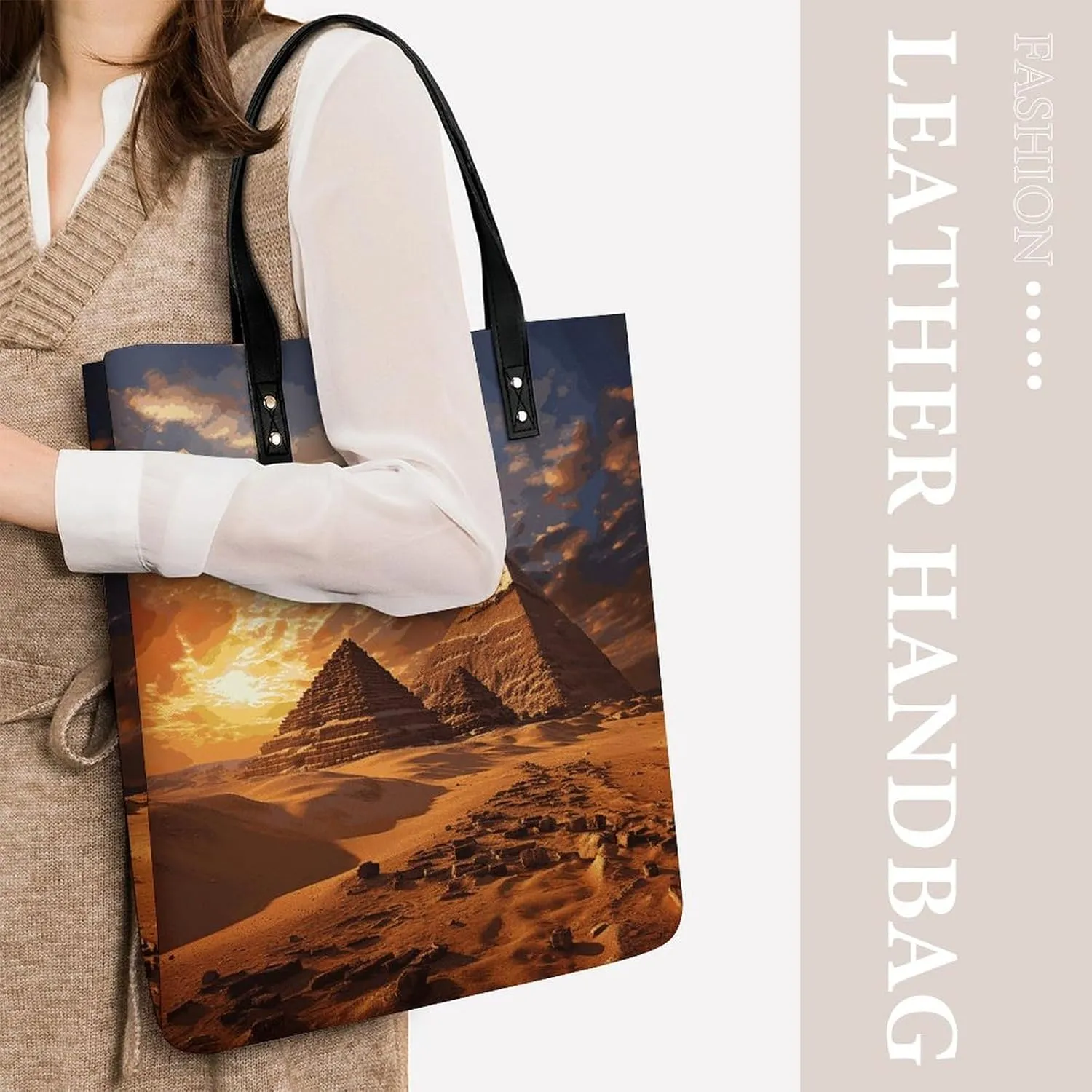 Leather Handbag for Women Tote Bag with Magnetic Buckle Egyptian Pyramids Crossbody Bag Shoulder Bags