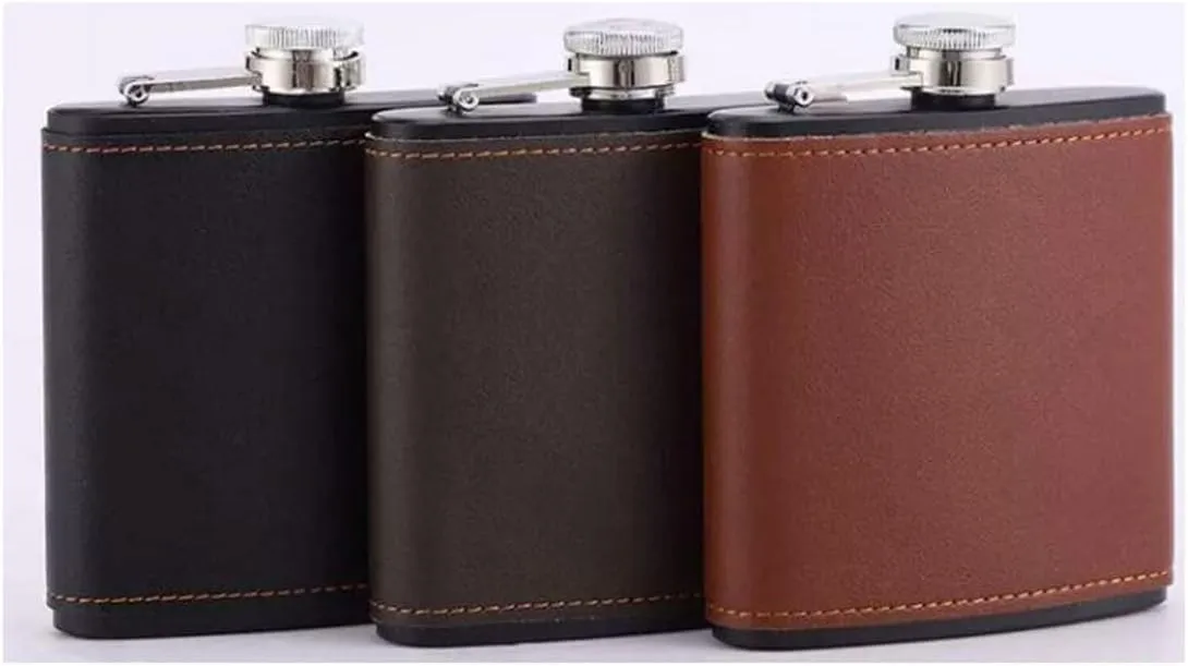 Leather Travel Small Flasks Stainless Steel Flasks with Funnel Wedding Party Birthdays Portable Flasks for Liquor for Men Women 6Oz(Gray)