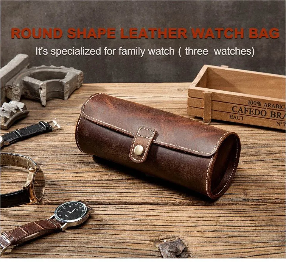 Leather Watch Case with Three Round Buckles Travel Storage