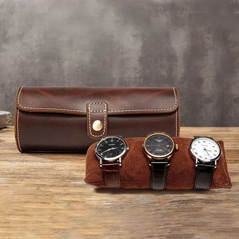 Leather Watch Case with Three Round Buckles Travel Storage