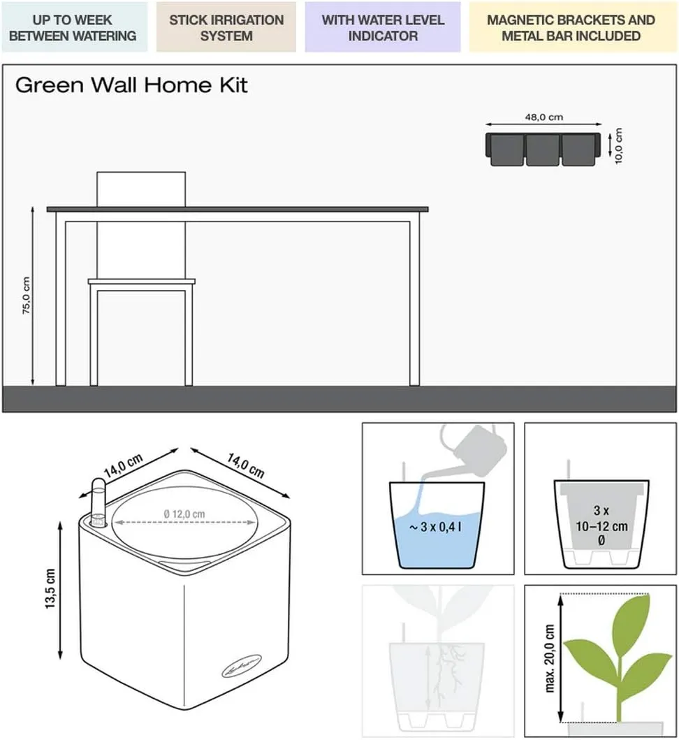 Lechuza Self Watering Plant Pot Green Wall Home Kit Color Hanging Planter with Water Level Indicator H14 L48 W15 cm White