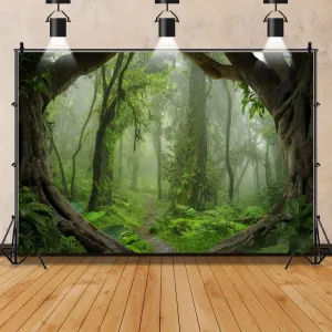 Leowefowa 10x8ft Vinyl Green Forest Backdrop Fairytale Misty Deep Green Trees Pathway Background Tropical Jungle Rainforest Backdrops for Adventure Travel Picnic Camping Photo Studio Props