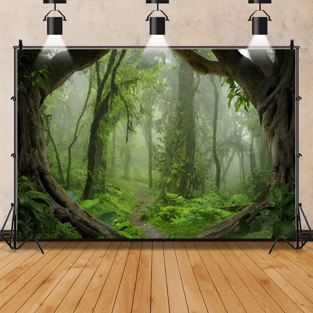 Leowefowa 10x8ft Vinyl Green Forest Backdrop Fairytale Misty Deep Green Trees Pathway Background Tropical Jungle Rainforest Backdrops for Adventure Travel Picnic Camping Photo Studio Props