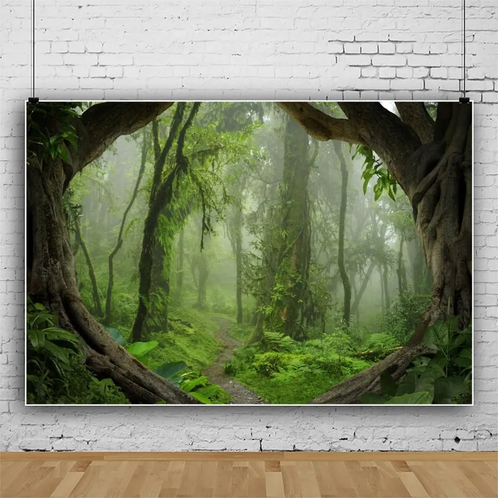 Leowefowa 10x8ft Vinyl Green Forest Backdrop Fairytale Misty Deep Green Trees Pathway Background Tropical Jungle Rainforest Backdrops for Adventure Travel Picnic Camping Photo Studio Props
