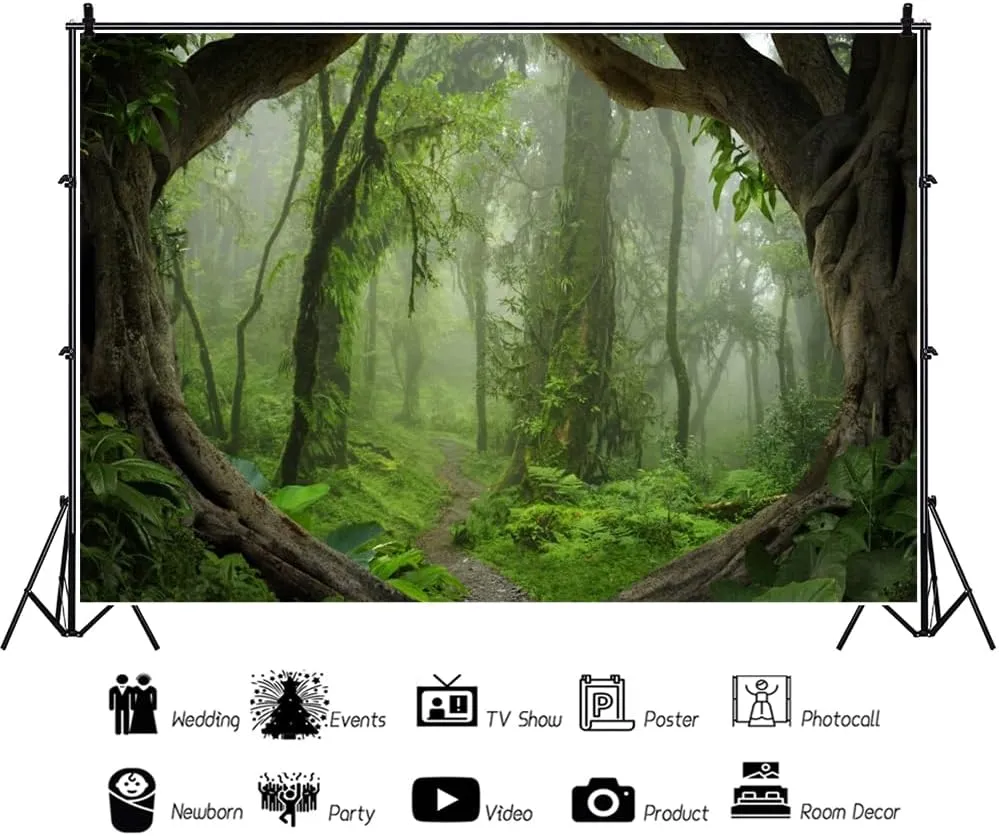 Leowefowa 10x8ft Vinyl Green Forest Backdrop Fairytale Misty Deep Green Trees Pathway Background Tropical Jungle Rainforest Backdrops for Adventure Travel Picnic Camping Photo Studio Props