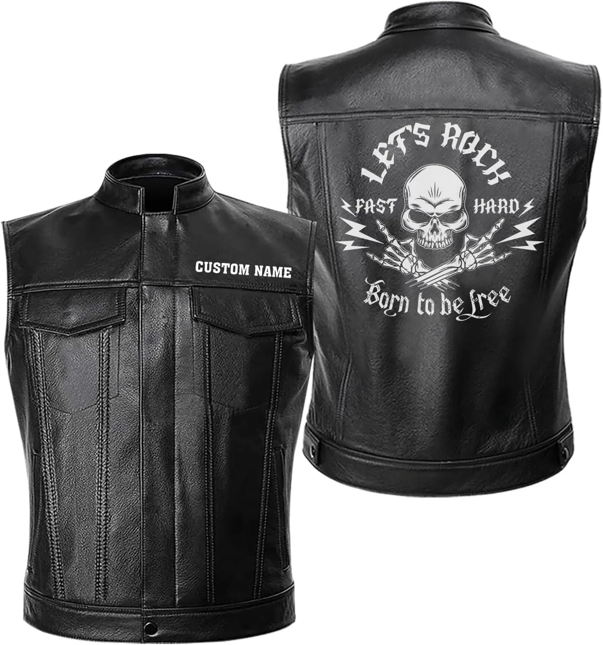 Let's Rock, Fast and Hard, Born to be Free, Music Skull Rocker, Motorcycle Custom Men PU Leather Vest Jacket
