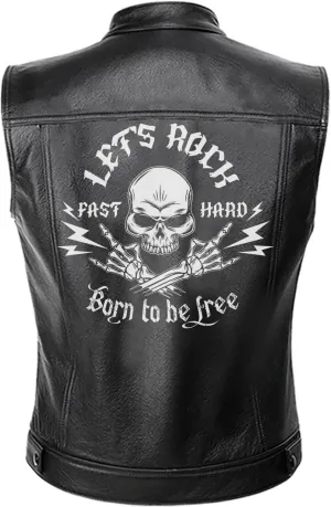 Let's Rock, Fast and Hard, Born to be Free, Music Skull Rocker, Motorcycle Custom Men PU Leather Vest Jacket