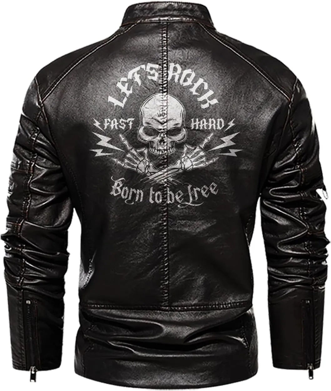 Let's Rock, Fast and Hard, Born to be Free, Music Skull Rocker, Motorcycle Custom Men PU Leather Vest Jacket
