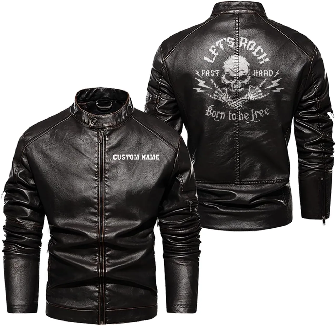 Let's Rock, Fast and Hard, Born to be Free, Music Skull Rocker, Motorcycle Custom Men PU Leather Vest Jacket