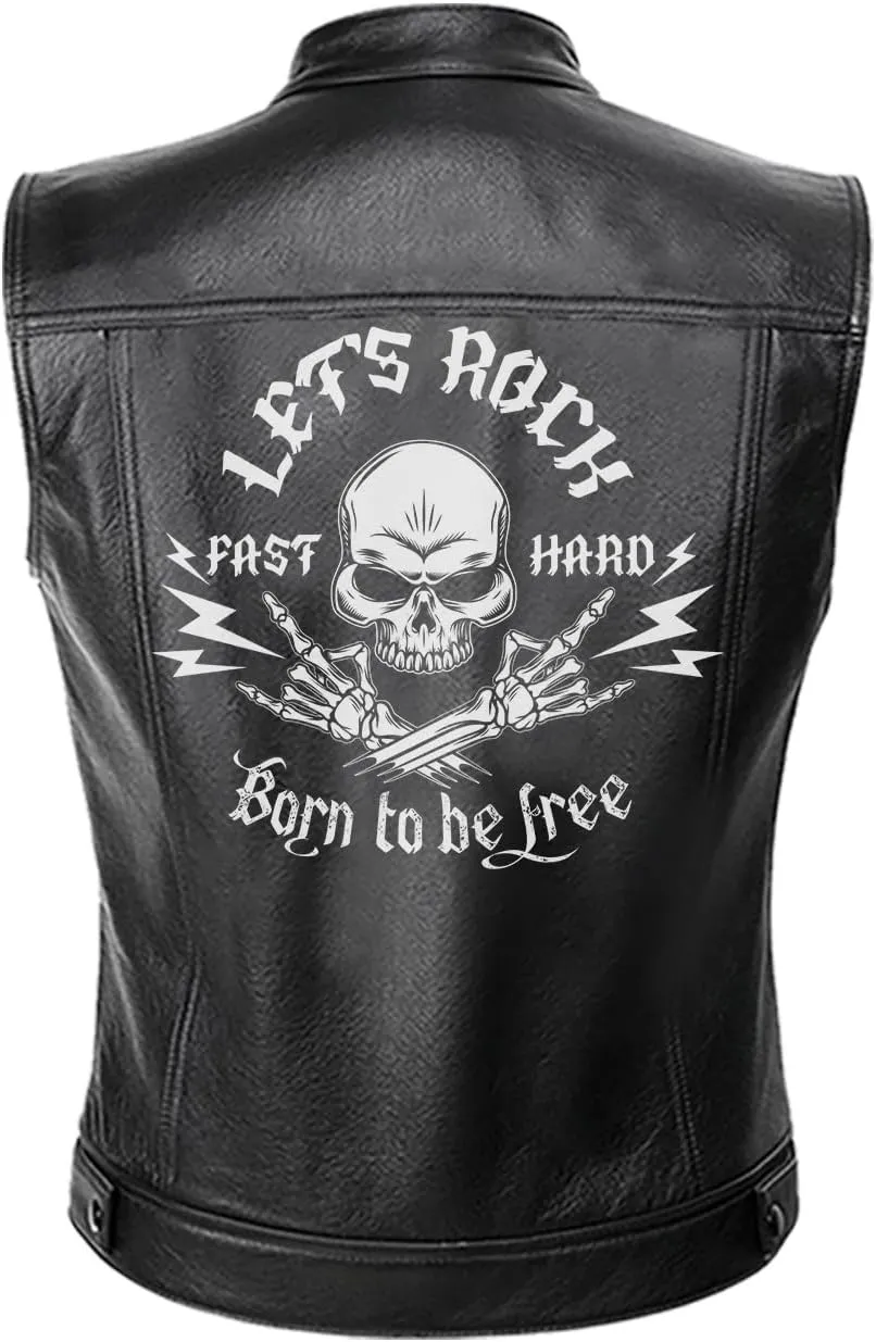 Let's Rock, Fast and Hard, Born to be Free, Music Skull Rocker, Motorcycle Custom Men PU Leather Vest Jacket