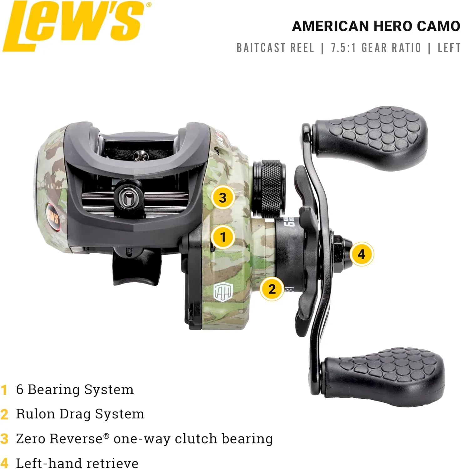 Lew’s American Hero Camo Baitcast Fishing Reel, 5 1 Bearings, 7.5:1 Gear Ratio, One-Piece Graphite Frame, Rulon Drag, Camo/Black