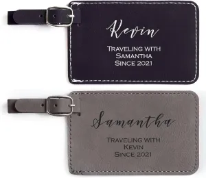 Lifetime Creations Pair (2) Personalized Luggage Tags for Couples (Black & Gray): Valentine's Day Gift for Boyfriend Girlfriend, His and Hers Vegan Leather Suitcase Tags