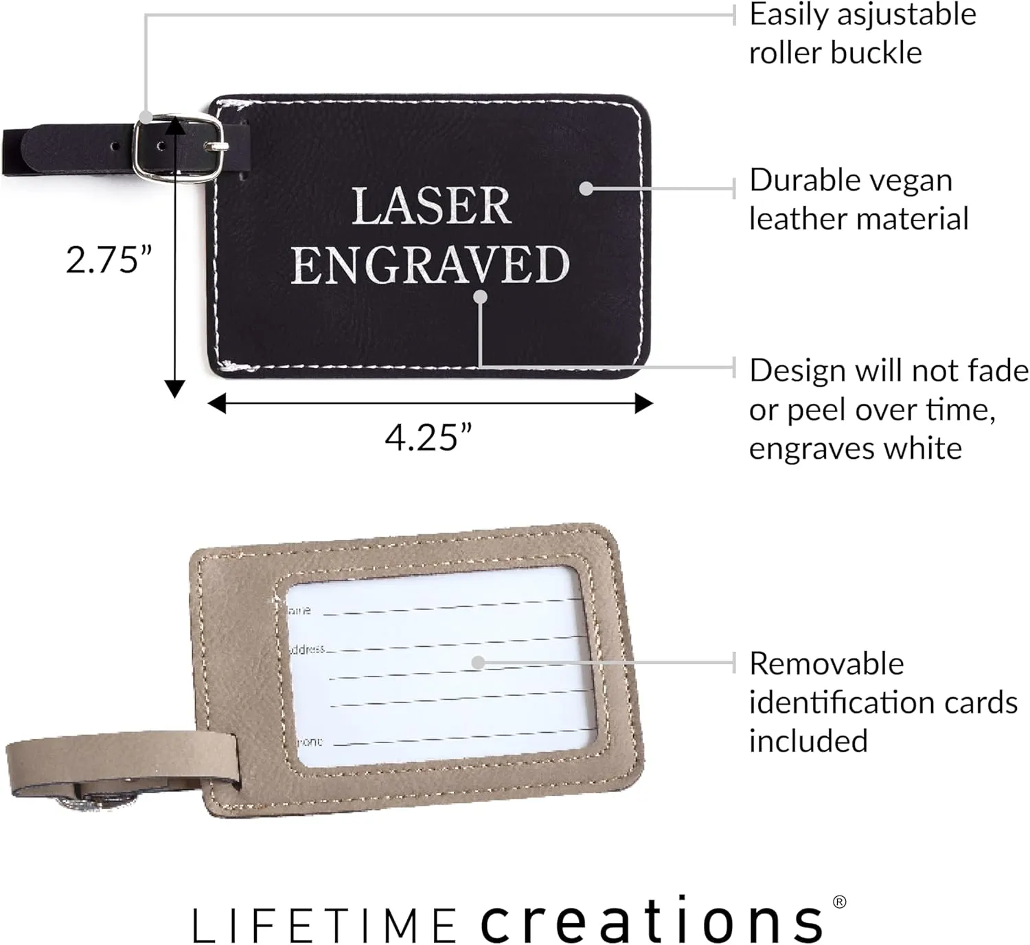 Lifetime Creations Personalized Luggage Tag - Vegan Leather Custom Bag Tag with Engraved Name (Black)