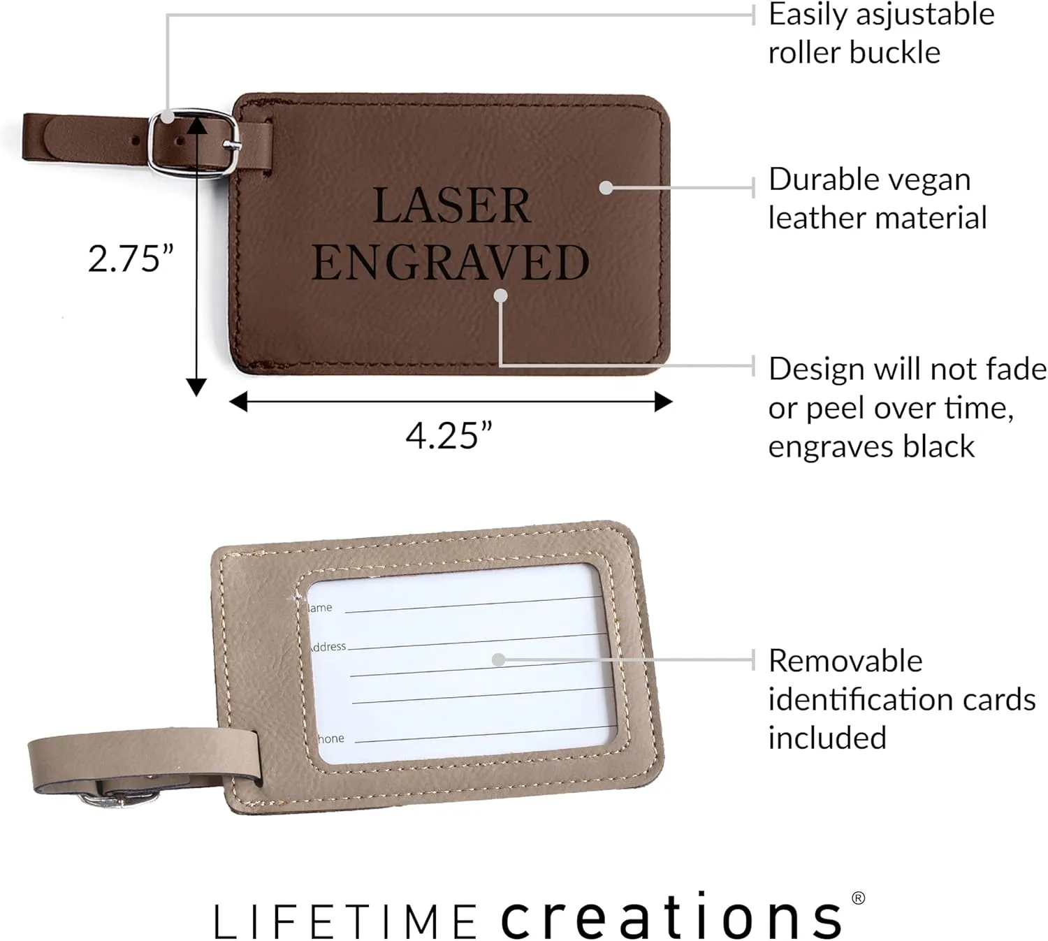Lifetime Creations Personalized Luggage Tag - Vegan Leather Custom Bag Tag with Engraved Name (Dark Brown)