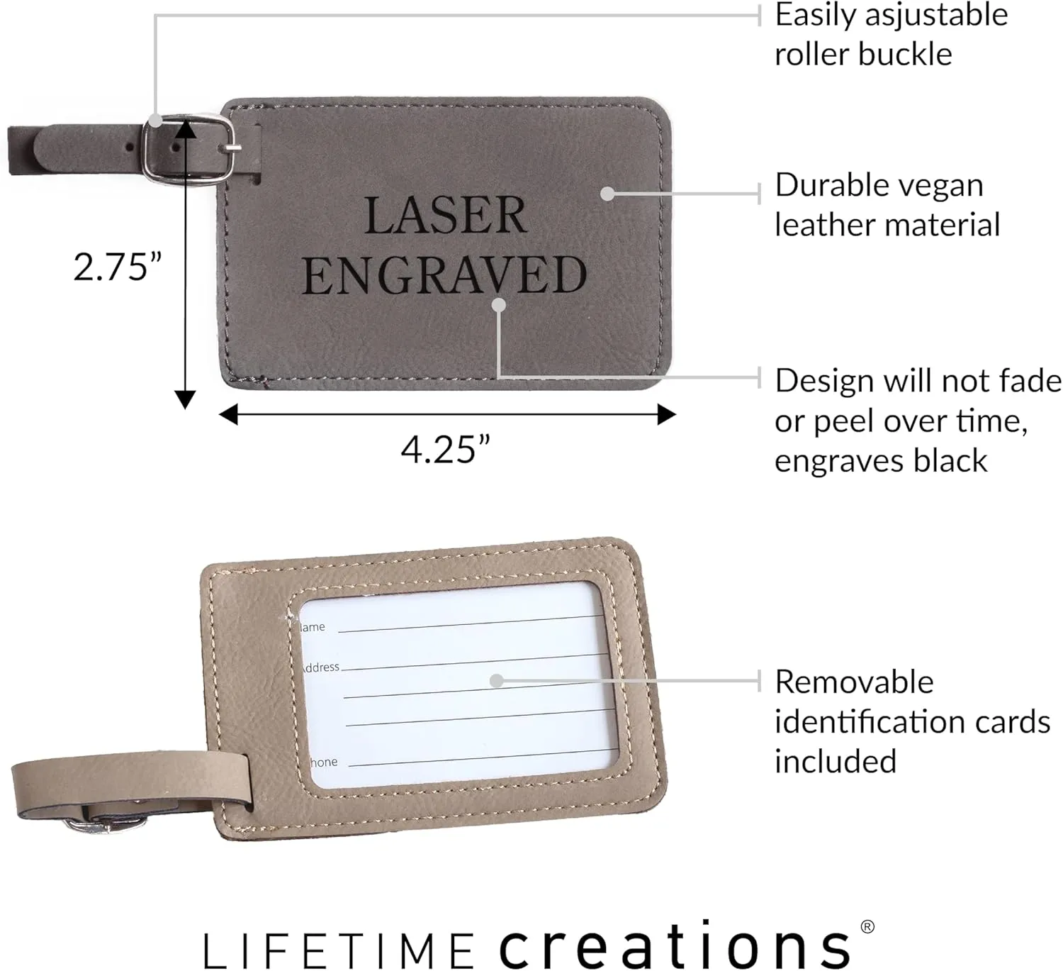 Lifetime Creations Personalized Luggage Tag - Vegan Leather Custom Bag Tag with Engraved Name (Gray)