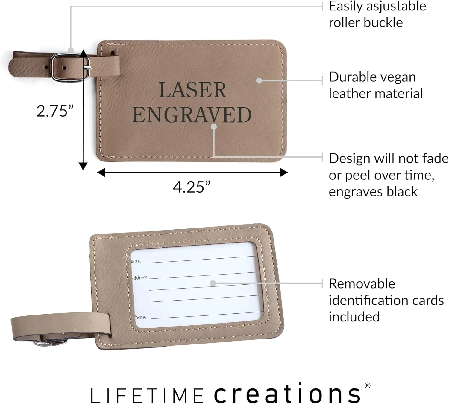 Lifetime Creations Personalized Luggage Tag - Vegan Leather Custom Bag Tag with Engraved Name (Light Brown)