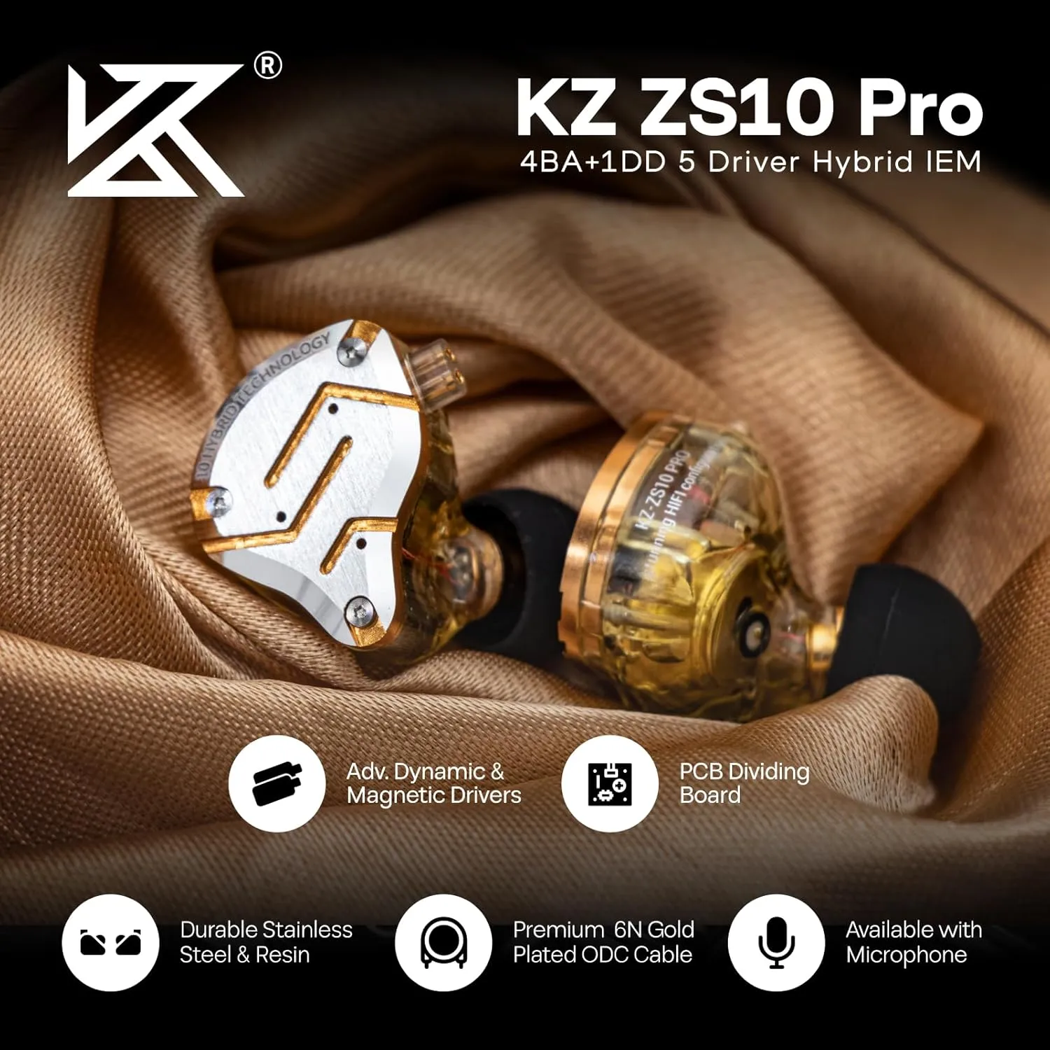 Linsoul KZ ZS10 Pro, 4BA 1DD 5 Driver in Ear Monitor, HiFi Wired Earbuds, Gaming Earbuds, Hybrid IEM Earphones with Stainless Steel Faceplate, Detachable Cable for Musician(with Mic, Glare Yellow)