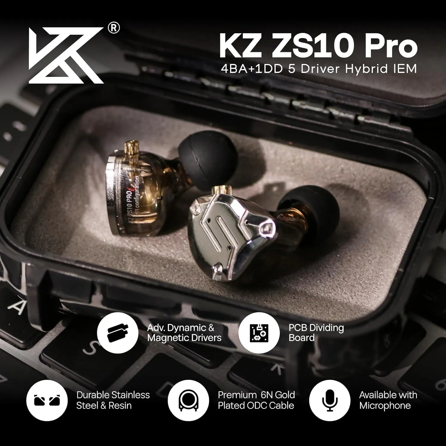 Linsoul KZ ZS10 Pro, 4BA 1DD 5 Driver in Ear Monitor, HiFi Wired Earbuds, Gaming Earbuds, Hybrid IEM Earphones with Stainless Steel Faceplate, Detachable Cable for Musician(Without Mic, Black)