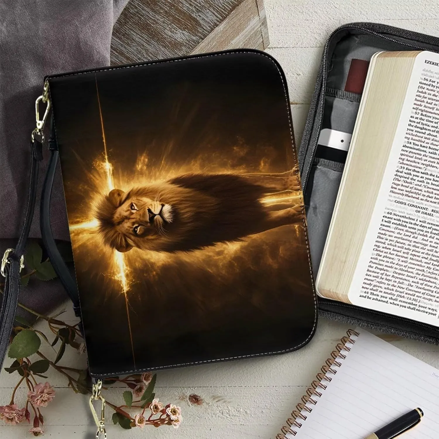 Lion Cross Print Bible Cover for Women Men PU Leather Bible Case Multifunctional Study Bible Carrying Cases Handbag with Adjustable Shoulder Strap, 2XL