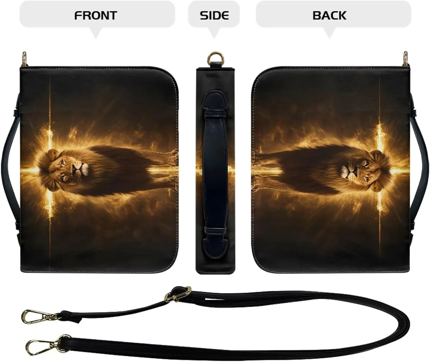 Lion Cross Print Bible Cover for Women Men PU Leather Bible Case Multifunctional Study Bible Carrying Cases Handbag with Adjustable Shoulder Strap, 2XL