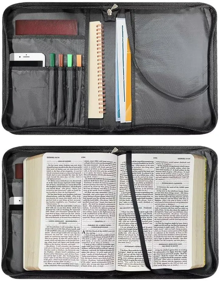 Lion Cross Print Bible Cover for Women Men PU Leather Bible Case Multifunctional Study Bible Carrying Cases Handbag with Adjustable Shoulder Strap, 2XL