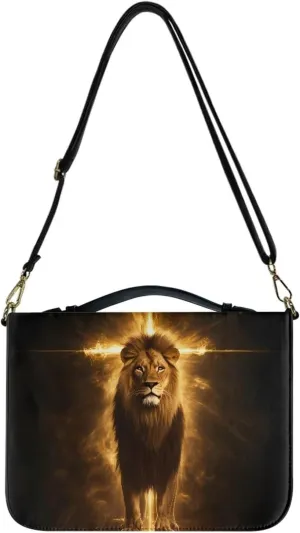 Lion Cross Print Bible Cover for Women Men PU Leather Bible Case Multifunctional Study Bible Carrying Cases Handbag with Adjustable Shoulder Strap, 2XL