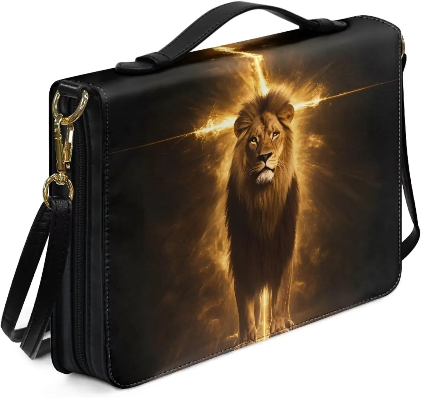 Lion Cross Print Bible Cover for Women Men PU Leather Bible Case Multifunctional Study Bible Carrying Cases Handbag with Adjustable Shoulder Strap, 2XL