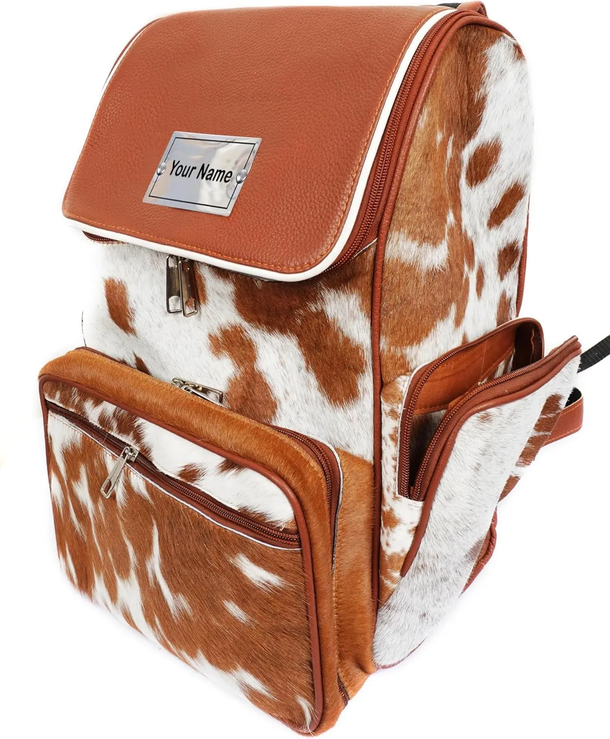 LP-FACON Custom Name Tag | Cowhide Leather Backpack Hair Print Fur Leather Backpack Rucksack/Knapsack Travel Shoulder Bag