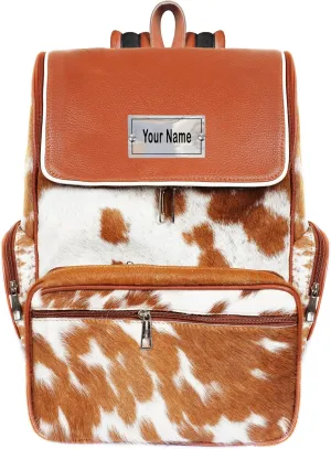LP-FACON Custom Name Tag | Cowhide Leather Backpack Hair Print Fur Leather Backpack Rucksack/Knapsack Travel Shoulder Bag