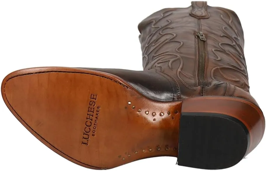 Lucchese Womens Peri Tooled-Inlay Round Toe Dress Boots Mid Calf Low Heel 1-2" - Brown