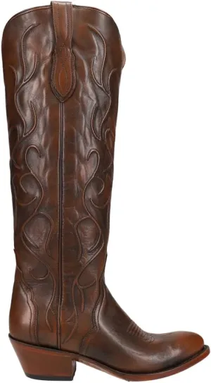 Lucchese Womens Peri Tooled-Inlay Round Toe Dress Boots Mid Calf Low Heel 1-2" - Brown