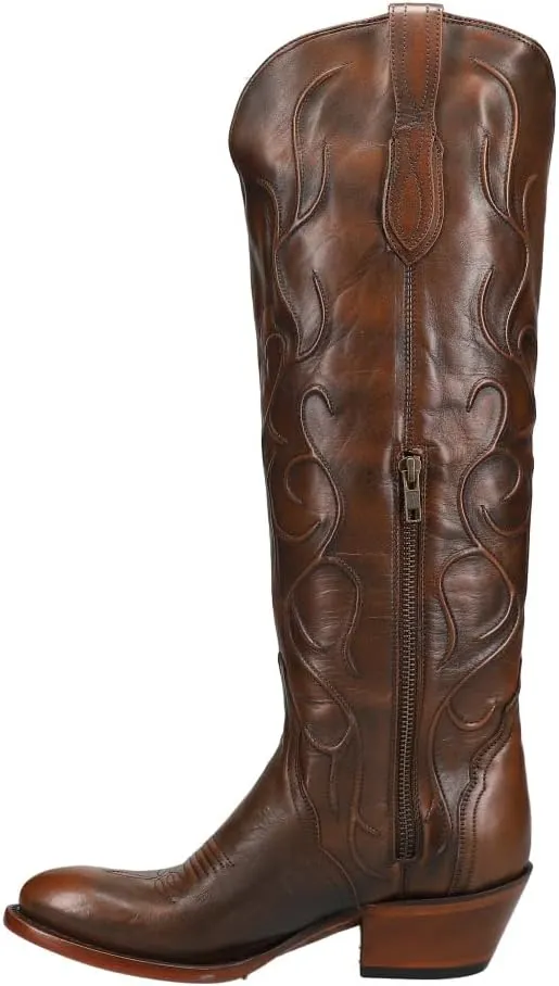 Lucchese Womens Peri Tooled-Inlay Round Toe Dress Boots Mid Calf Low Heel 1-2" - Brown