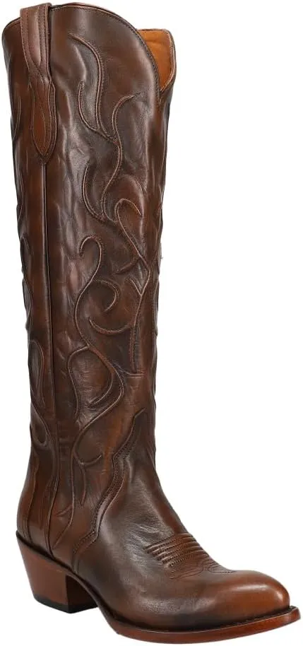 Lucchese Womens Peri Tooled-Inlay Round Toe Dress Boots Mid Calf Low Heel 1-2" - Brown
