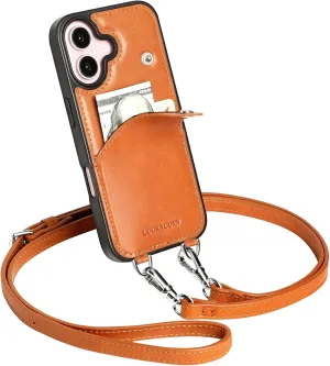 LUCKYCOIN for iPhone 16 Case 6.1 in Women's Leather Wallet Phone Case with Card Holder & Detachable Crossbody Strap,Cell Phone Purse with Strap,Fashion Crossbody Bag Compatible with iPhone 16 Brown