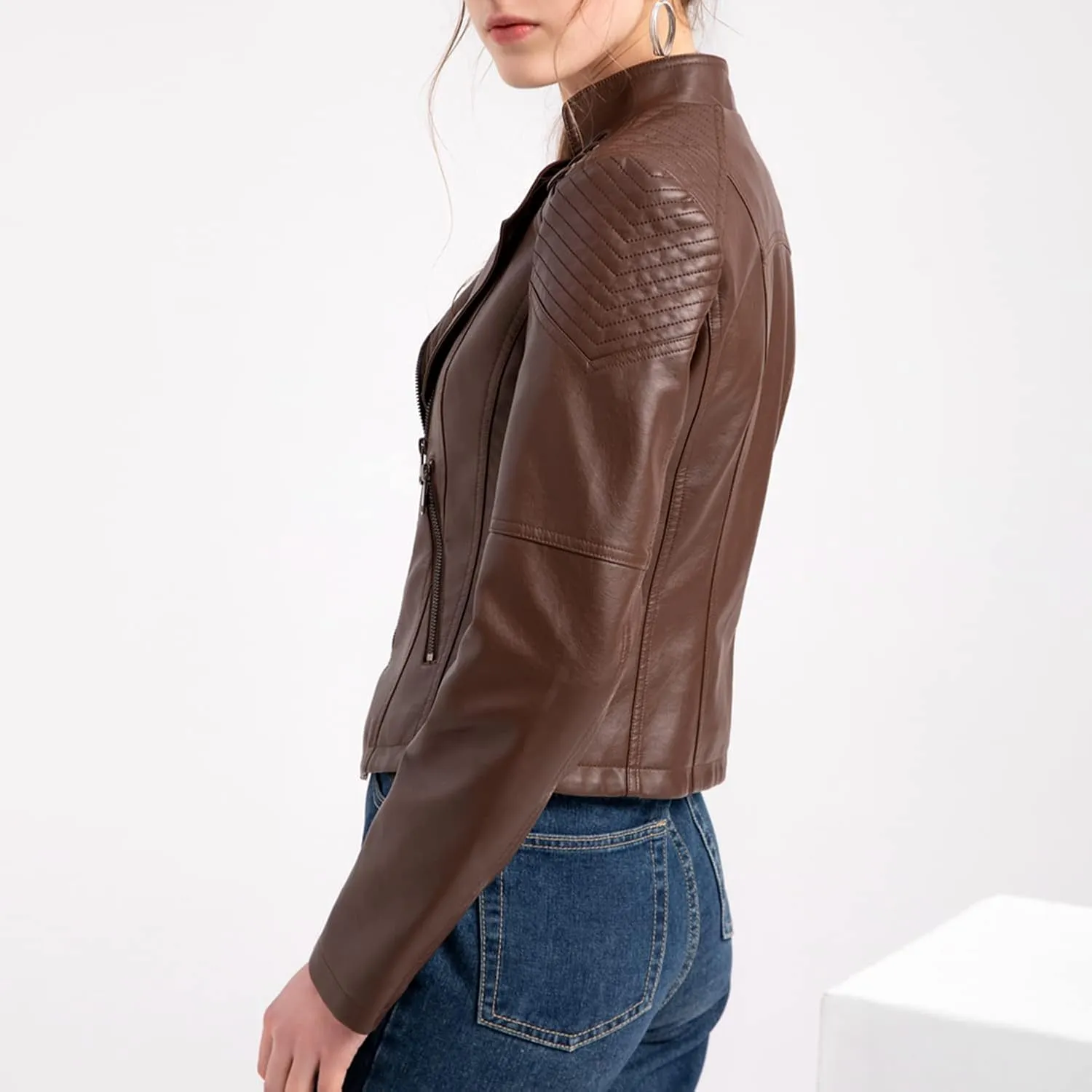 Lu's Chic Women's Motorcycle Jacket Fashion Dressy Vegan Leather Biker Coat Light Slim Fit Crop Blazer Moto Jacket