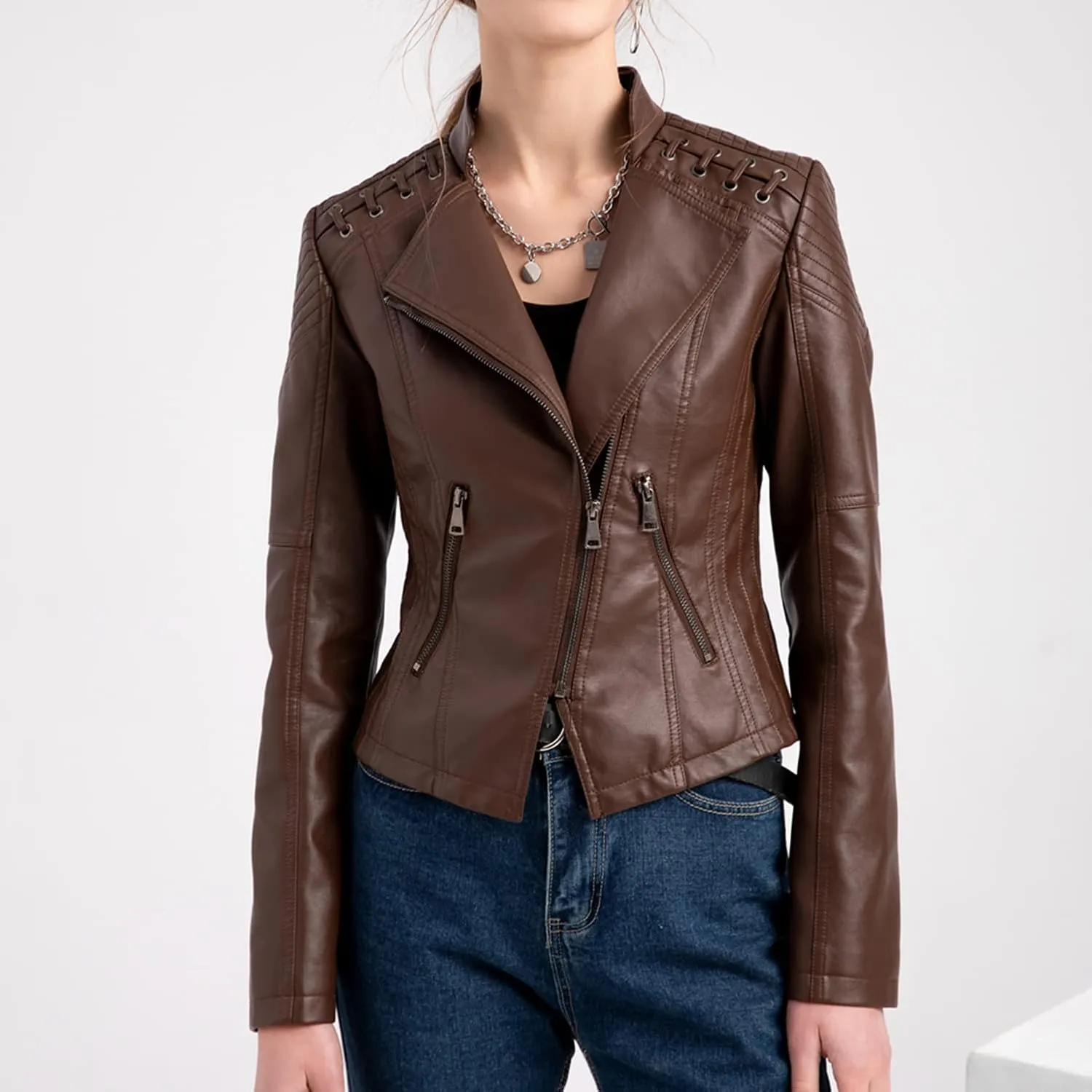 Lu's Chic Women's Motorcycle Jacket Fashion Dressy Vegan Leather Biker Coat Light Slim Fit Crop Blazer Moto Jacket